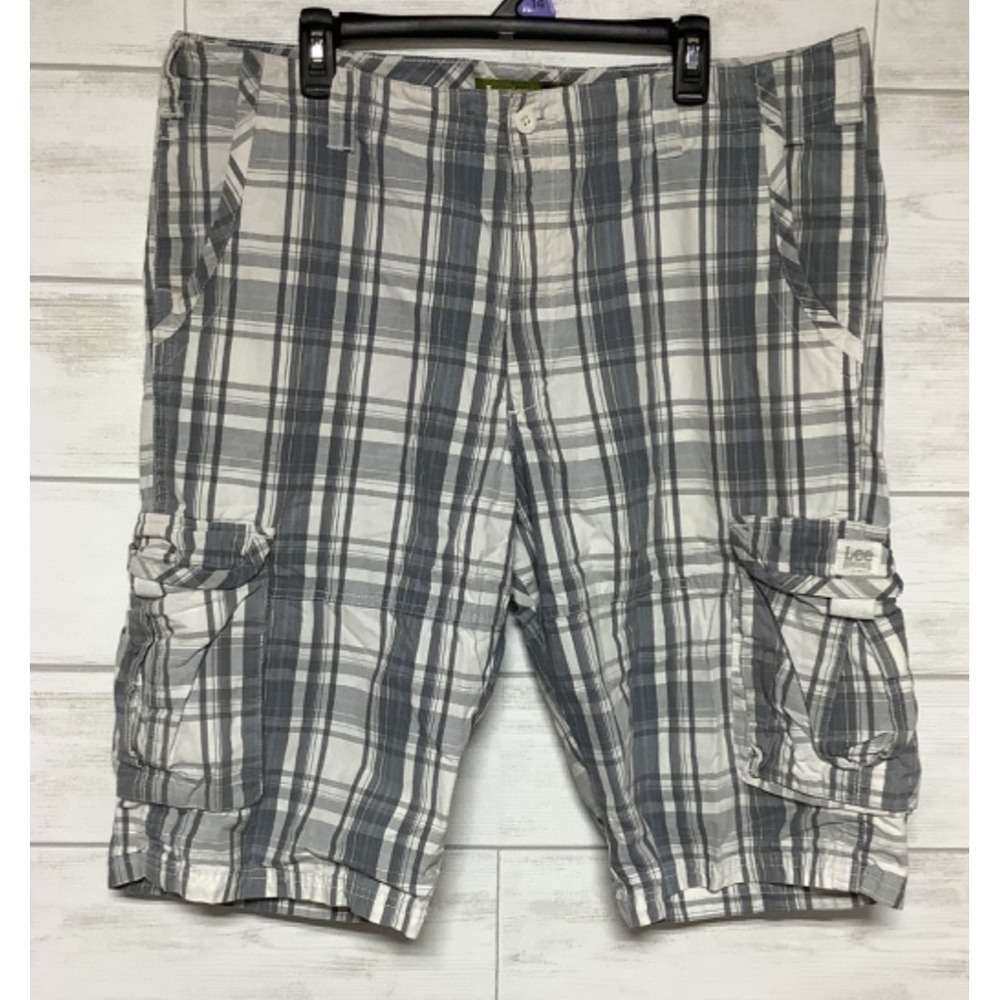 Lee Dungarees Cargo Shorts Mens W40 Grey White Utility Plaid Y2K 15" inseam